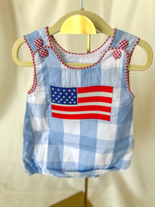 Light Blue Gingham American Flag Boy Romper