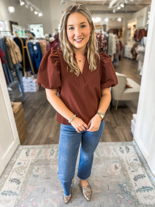 Rust Parker Puff Sleeve Textured Top