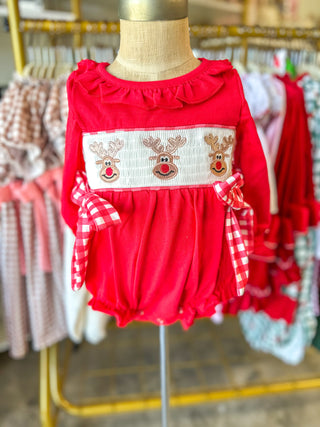 Rudolph Smocked Baby Girl Bubble