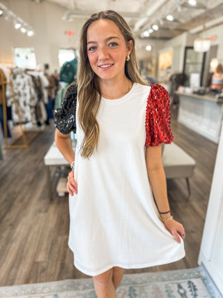 Cajuns Sequin Shoulder White Shift Dress