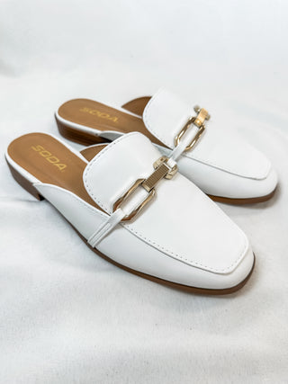 Eleanor White Fancy Pants Mules