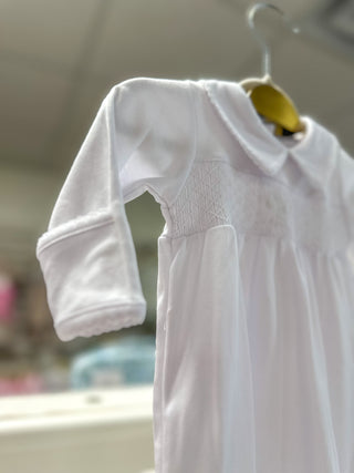 White Blessed Smocked Collared Long Sleeve Gown