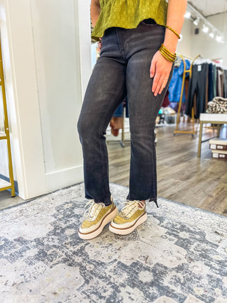 Favorite Pair Mid Rise Bootcut Black Risen Denim Jeans Unbalanced Hem