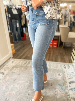 Leilani Medium Wash High Rise Crop Flare Jeans-LOVERVET