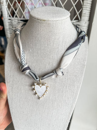 Grey & White Knotted Scarf W/ Pearlized Heart Charm Necklace