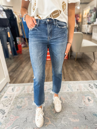 Bluebird Medium Mid Rise Crop Slim Straight Denim Jeans - FLYING MONKEY