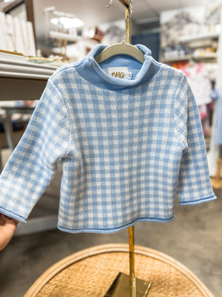 Baby Blue Gingham Rolled Neck Sweater