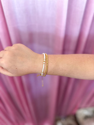 Chelsea Gold Pearl Beaded 2 Strand W/ Gold Ball & Pearl Strands Bracelet