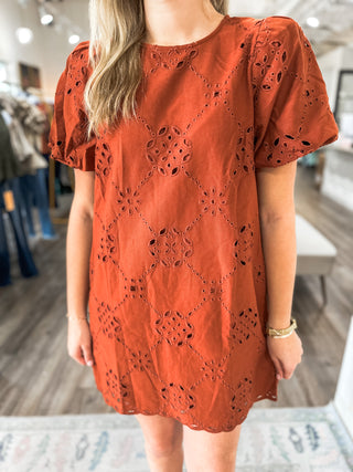 Rust Sweet Magnolia Eyelet Mini Dress