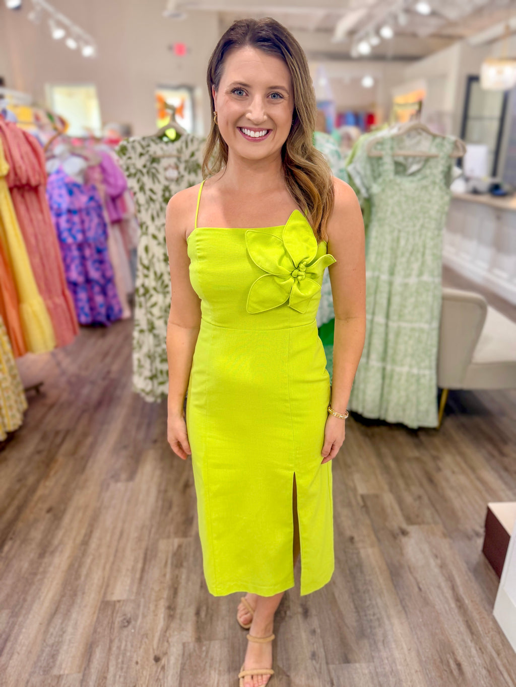 lime green linen dress Blooming Elegance Midi Small Royal Blue Plunging Neck ecb233.5a-e Color:Yellow* unexpected touch to a