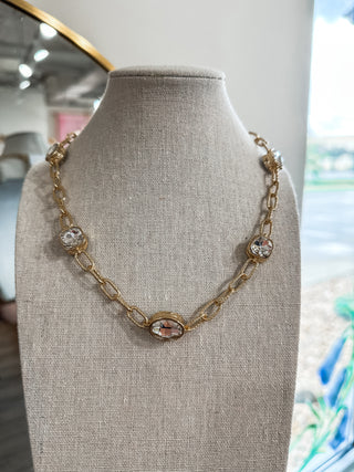Gold Textured Chain W/ Teardrop Clear Stone Accents 16"-18" Necklace