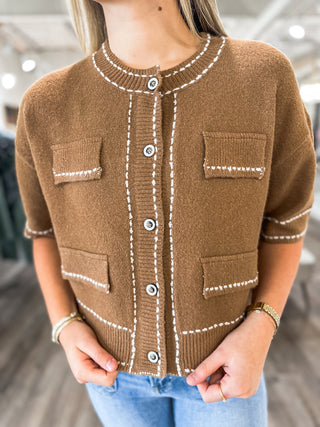 Coastal Stroll CAMEL Short Sleeve Cardigan