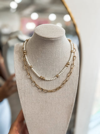 Water Resistant Double Layered Pearl Beaded & Chain 16"-18" Necklace
