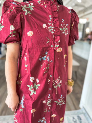 Burgundy Garden Stroll Ruffle Neck Mini Dress