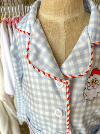 Blue Christmas Santa Embroidery Plaid Girls Pajama Set