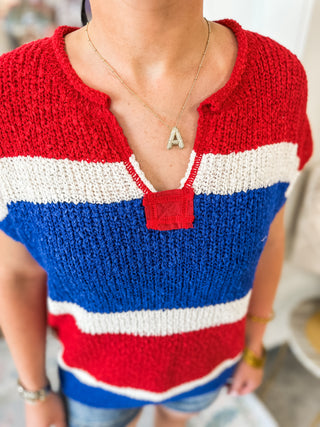 Red & Royal Blue Color Block Textured Crochet Sweater Top