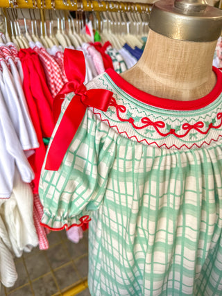 Christmas Girls Smocked Embroidery Green Plaid Dress
