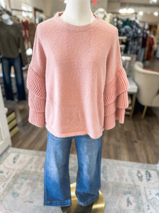 Soft Pink Fuzzy Tiered Ruffle Sleeve Sweater