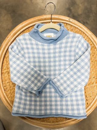 Baby Blue Gingham Rolled Neck Sweater