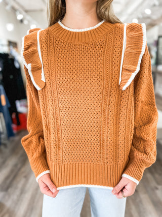 Chelsea's Rust/Ivory Ruffle Shoulder Detail Long Sleeve Sweater Top