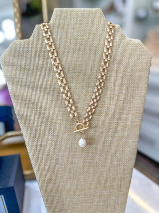 Alyssa Matte Gold Presidential Chain W/ Toggle & Drop Pearl Necklace