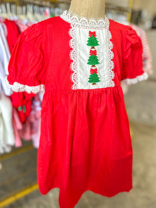 Red Christmas Girls Dress: Beautiful Embroidery W/ Lace Trim