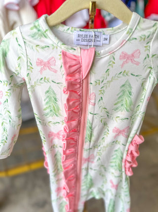 Christmas Tree Wreath Long Sleeve Zip Romper