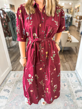 Burgundy Garden Stroll MIDI Dress