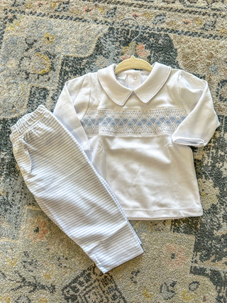 Lilly and Logan Blue Smocked Collared Boy 2pc Pant Set- Magnolia Baby