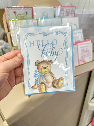 Hello Baby Teddy Bear with Blue Bow Greeting Card