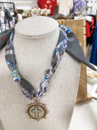 Grey & Navys W/ Cross Coin Knotted Scarf Necklace