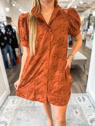 Caramel Adorned in Ivy Vine Applique Button-down Dress