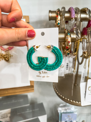 Green Bead Wrapped Hoop Earrings