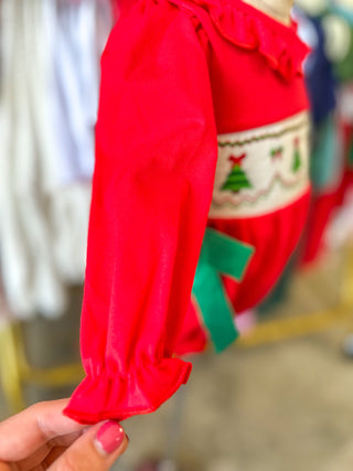 Christmas Smocked Girls Romper W/ Green Bow & Tree Embroidery