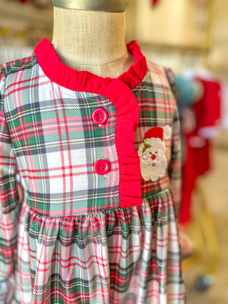 Girls Christmas Plaid Dress W/ Santa Applique & Ruffle