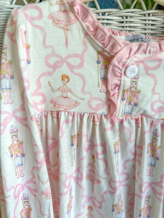Pink Nutcracker & Bow Print Ruffle Gown