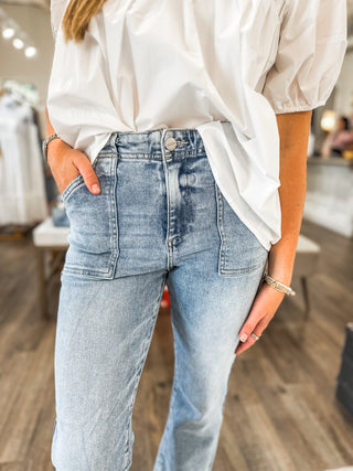 Paloma Pocket High Rise Ankle Flare Patch Pocket Light Wash Denim Jeans - RISEN