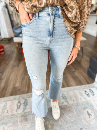 The Isla Light Wash Distressed High Rise Crop Flare Denim Jeans - CELLO