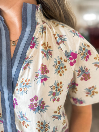 Meadow Bloom Chambray Trim Top