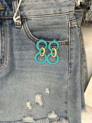 Aqua Raffia & Gold Circle Drop Earrings