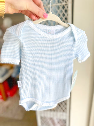 Paty Blue with Blue Trim Lap Shoulder Onesie