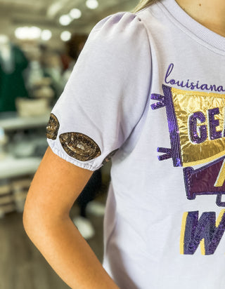 Purple & Gold Geaux, Fight, WIN Sequin Spirit Puff Sleeve Top