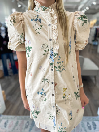 Ecru Garden Stroll Ruffle Neck Mini Dress