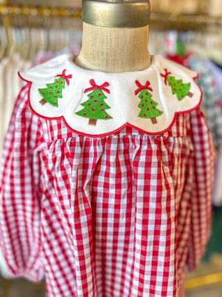 DRESS- Christmas Embroidered Christmas Tree Plaid Dress