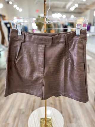 Chocolate Luxe Texture High-Waisted Crocodile Faux Leather Shorts