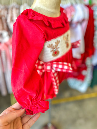 Rudolph Smocked Baby Girl Bubble