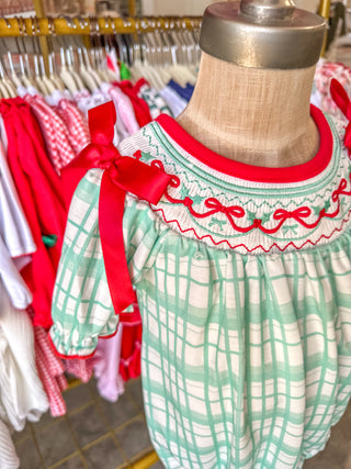Christmas Baby Girl Smocked Embroidered Green Plaid Bubble