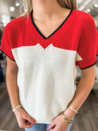 Red/Black Contrast Color V-Neck Short Sleeve Sweater