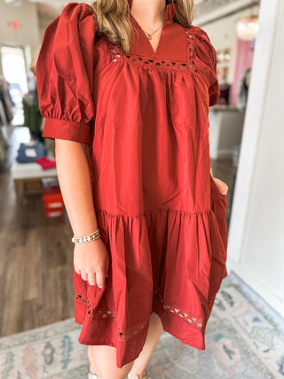 Brick Laurel Lace Trim Mini Dress