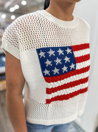 Ivory American Flag Open Stitch Sweater Top